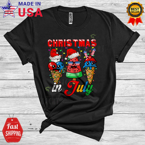 MacnyStore - Christmas In July Watermelon Ice Cream Xmas Lights Santa Hot Summer Vacation T-Shirt