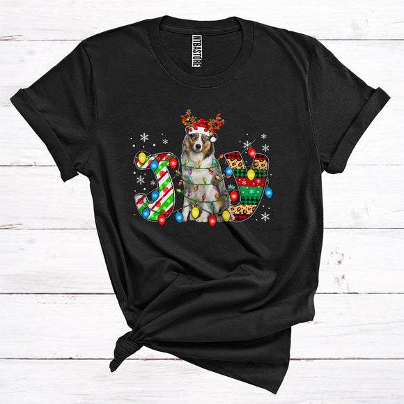 MacnyStore - Christmas Joy Australian Shepherd Reindeer Santa Xmas Lights Cute Animal Owner T-Shirt