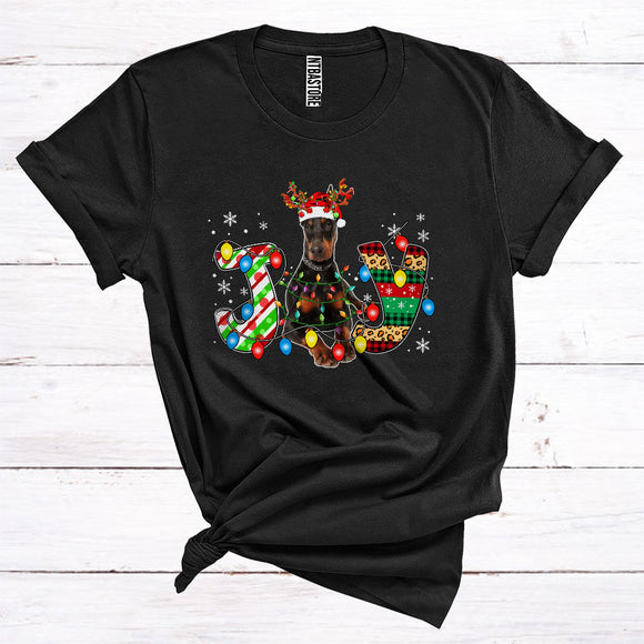 MacnyStore - Christmas Joy Dobermann Reindeer Santa Xmas Lights Cute Animal Owner T-Shirt