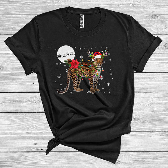 MacnyStore - Christmas Leopard Santa Reindeer Xmas Lights Funny Wild Animal Zoo Lover T-Shirt