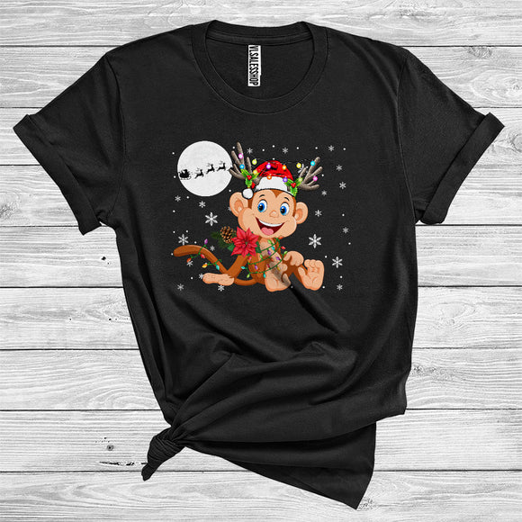 MacnyStore - Christmas Monkey Santa Reindeer Xmas Lights Funny Wild Animal Zoo Lover T-Shirt