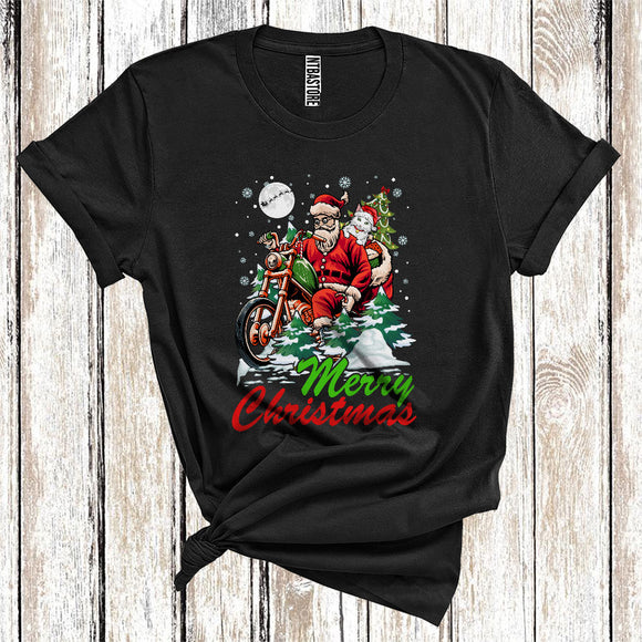 MacnyStore - Christmas Santa And Cat Riding Motorcycle Cute Xmas Tree Snowing Biking Lover T-Shirt