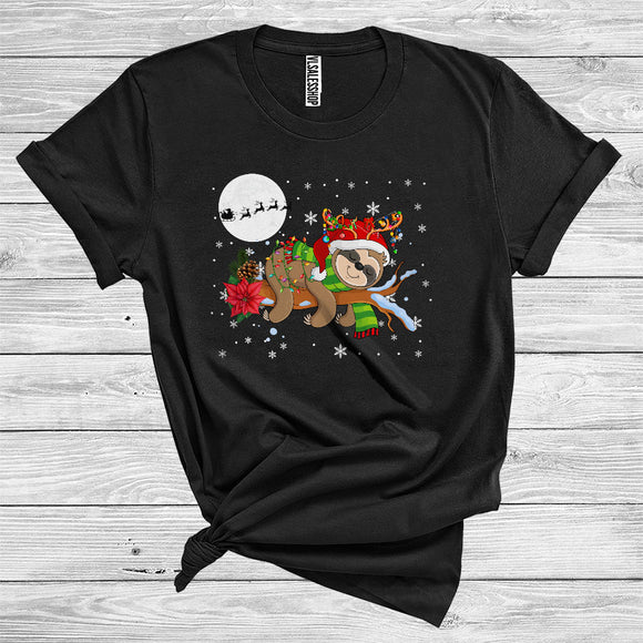 MacnyStore - Christmas Sloth Santa Reindeer Xmas Lights Funny Wild Animal Zoo Lover T-Shirt