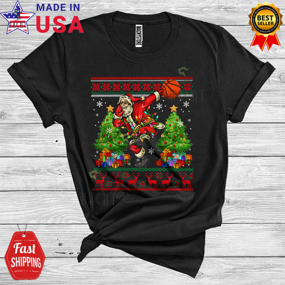 MacnyStore - Christmas Sweater Dabbing Santa Playing Basketball Xmas Trees Funny Sports Player Group T-Shirt