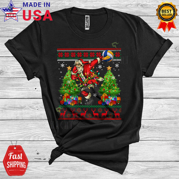 MacnyStore - Christmas Sweater Dabbing Santa Playing Volleyball Xmas Trees Funny Sports Player Group T-Shirt