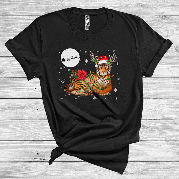 MacnyStore - Christmas Tiger Santa Reindeer Xmas Lights Funny Wild Animal Zoo Lover T-Shirt