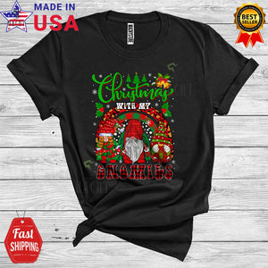 MacnyStore - Christmas With My Gnomies Cool Christmas Rainbow Gnome Snowing Lover Matching Group T-Shirt