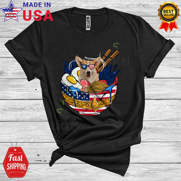 MacnyStore - Corgi In Ramen Sunglassese Patriotic 4th of July Animal Lover USA Flag T-Shirt