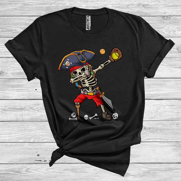 MacnyStore - Dabbing Skeleton Pirate With Ball Funny Softball Player Matching Sport Team Halloween T-Shirt