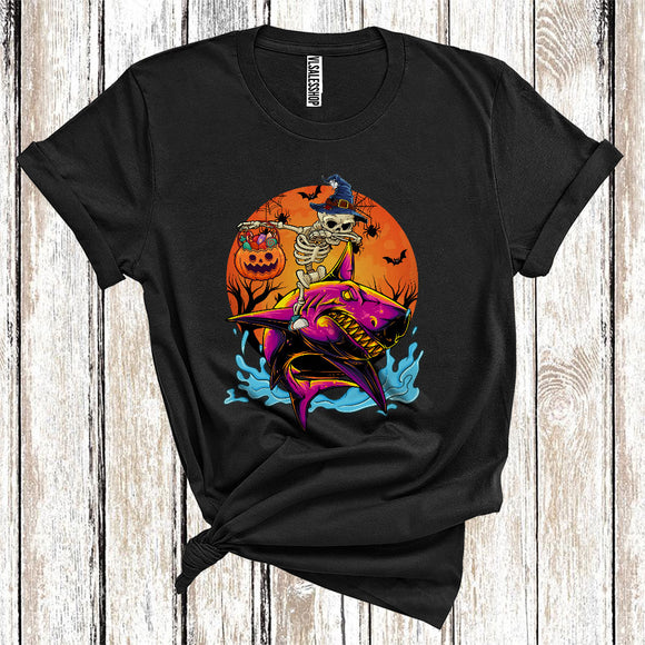 MacnyStore - Dabbing Skeleton Riding Shark With Pumpkin Candy Funny Halloween Costume Witch Skeleton Lover T-Shirt