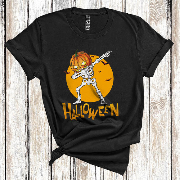 MacnyStore - Dabbing Skeleton With Carved Pumpkin Head Cute Halloween Costume T-Shirt