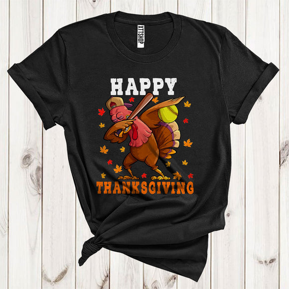 MacnyStore - Dabbing Turkey Softball Cool Fall Turkey Autumn Lover Matching Player Thanksgiving T-Shirt