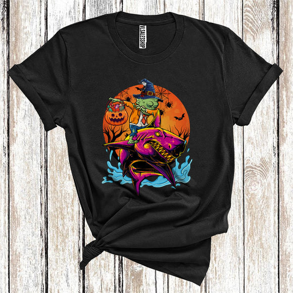 MacnyStore - Dabbing Zombie Riding Shark Funny Halloween Costume Witch Zombie Candy Lover T-Shirt