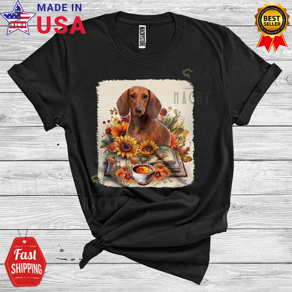 MacnyStore - Dachshund Reading Book And Coffee Cute Floral Book Lover Animal Owner T-Shirt
