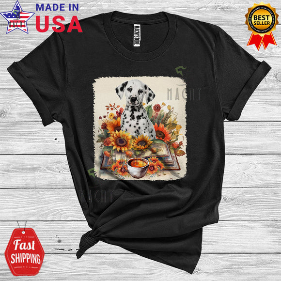 MacnyStore - Dalmatian Reading Book And Coffee Cute Floral Book Lover Animal Owner T-Shirt