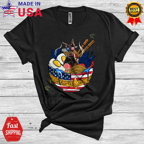 MacnyStore - Dobermann In Ramen Sunglassese Patriotic 4th of July Animal Lover USA Flag T-Shirt