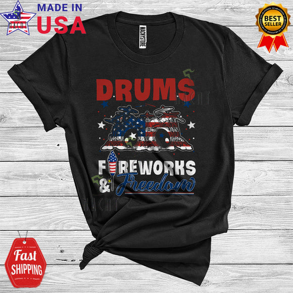 MacnyStore - Drums Fireworks And Freedom Patriotic 4th Of July Proud American Flag Musical Instruments T-Shirt
