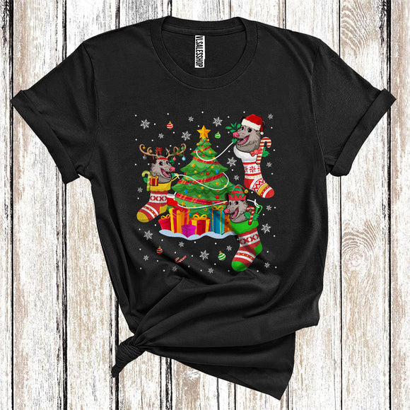 MacnyStore - ELF Reindeer Santa Opossum In Xmas Sock Cute Christmas Tree Trash Animal Lover T-Shirt