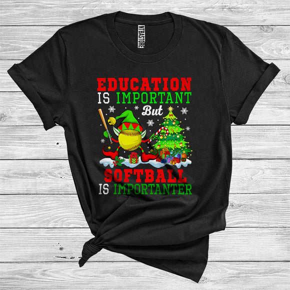 MacnyStore - Education Is Important But Softball Is Importanter Funny Christmas Tree Elf Sport T-Shirt