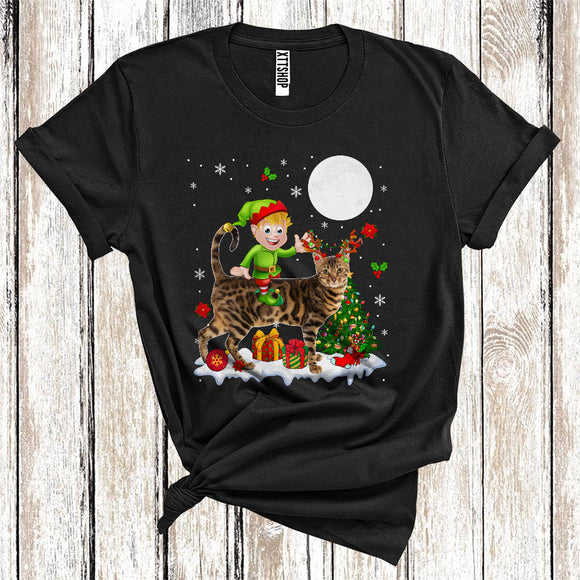 MacnyStore - Elf Riding Reindeer Bengal Cat Cute Christmas Tree Lights Cat Owner Lover T-Shirt