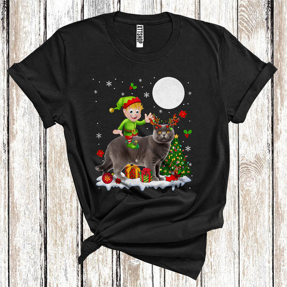 MacnyStore - Elf Riding Reindeer British Shorthair Cat Cute Christmas Tree Lights Cat Owner Lover T-Shirt