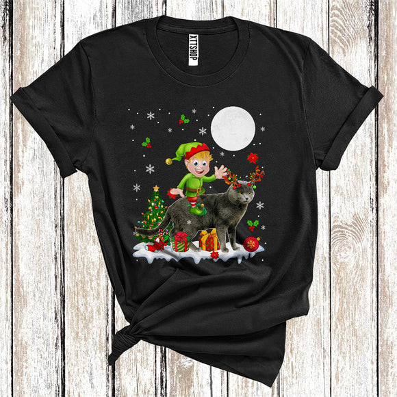 MacnyStore - Elf Riding Reindeer Chartreux Cat Cute Christmas Tree Lights Cat Owner Lover T-Shirt