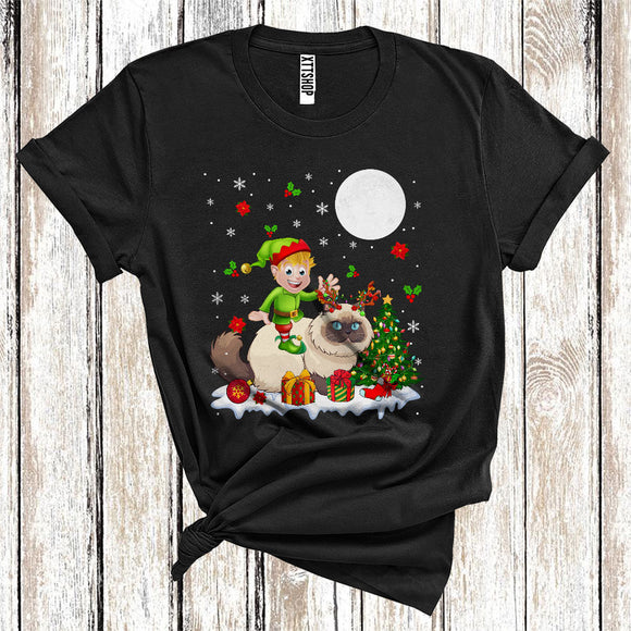 MacnyStore - Elf Riding Reindeer Himalayan Cat Cute Christmas Tree Lights Cat Owner Lover T-Shirt