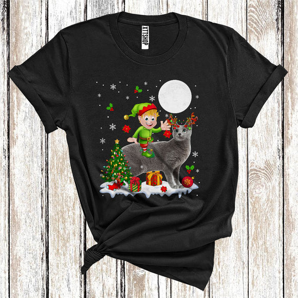 MacnyStore - Elf Riding Reindeer Russian Blue Cat Cute Christmas Tree Lights Cat Owner Lover T-Shirt