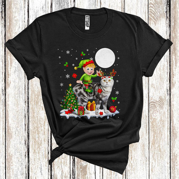 MacnyStore - Elf Riding Reindeer Scottish Fold Cat Cute Christmas Tree Lights Cat Owner Lover T-Shirt