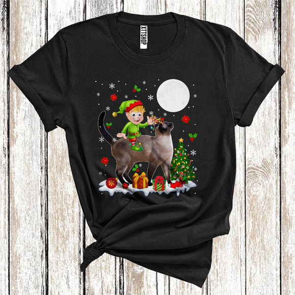MacnyStore - Elf Riding Reindeer Siamese Cat Cute Christmas Tree Lights Cat Owner Lover T-Shirt