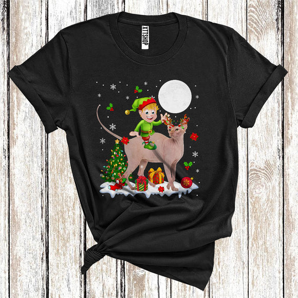 MacnyStore - Elf Riding Reindeer Sphynx Cat Cute Christmas Tree Lights Cat Owner Lover T-Shirt