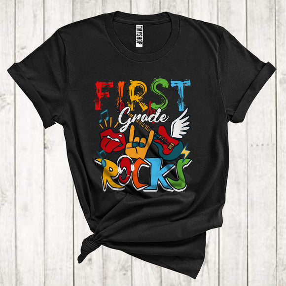 MacnyStore - First Day Of School First Grade Rocks Cool Electric Guitar Music Lover Kid Teacher Group T-Shirt