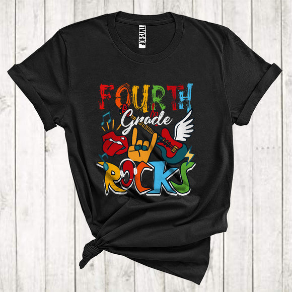 MacnyStore - First Day Of School Fourth Grade Rocks Cool Electric Guitar Music Lover Kid Teacher Group T-Shirt
