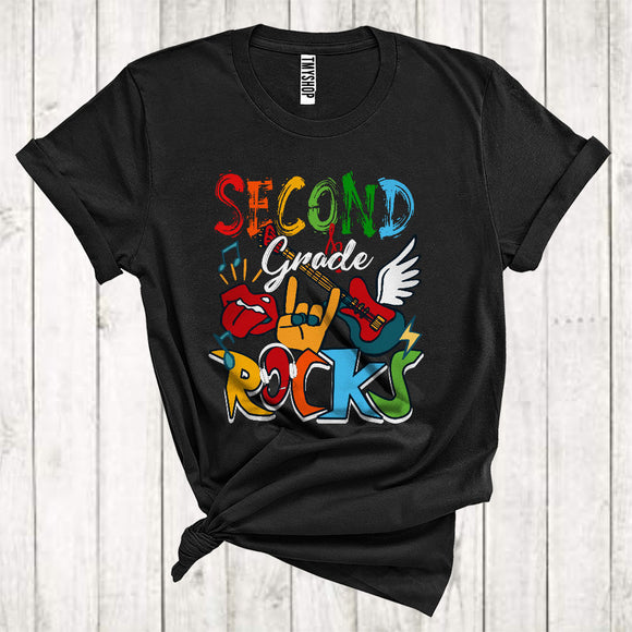MacnyStore - First Day Of School Second Grade Rocks Cool Electric Guitar Music Lover Kid Teacher Group T-Shirt