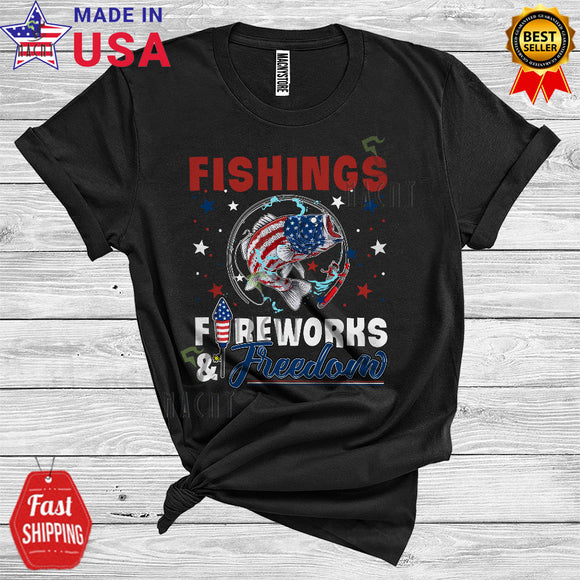 MacnyStore - Fishings Fireworks And Freedom Patriotic 4th Of July Proud American Flag Outdoor Activities T-Shirt