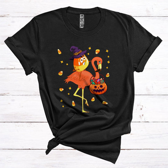 MacnyStore - Flamingo With Candy Corn Witch Cute Halloween Costume Trick Or Treat Pumpkin Flamingo Lover T-Shirt