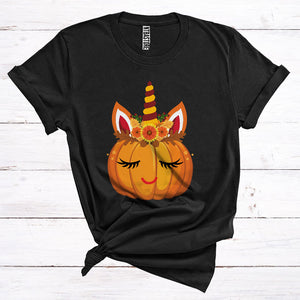 MacnyStore - Floral Fall Leaves Pumpkin Unicorn Face Cute Halloween Costume Thanksgiving Kid T-Shirt