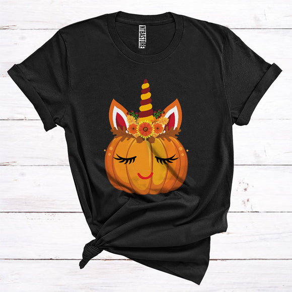 MacnyStore - Floral Fall Leaves Pumpkin Unicorn Face Cute Halloween Costume Thanksgiving Kid T-Shirt