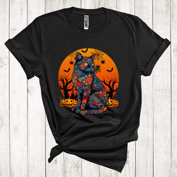MacnyStore - Flowers Floral Cat With Carved Pumpkins Cool Halloween Costume Cat Owner T-Shirt