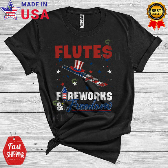 MacnyStore - Flutes Fireworks And Freedom Patriotic 4th Of July Proud American Flag Musical Instruments T-Shirt