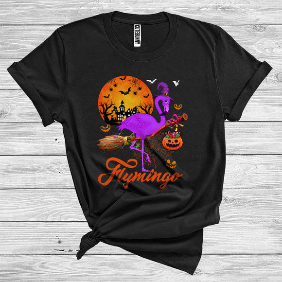 MacnyStore - Fly Flamingo Funny Halloween Costume Witch Flamingo With Broomstick Pumpkin Trick Or Treat T-Shirt