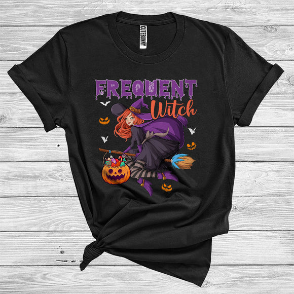 MacnyStore - Frequent Witch Funny Halloween Witch Flying On Broomstick With Carved Pumpkin Candy Lover T-Shirt