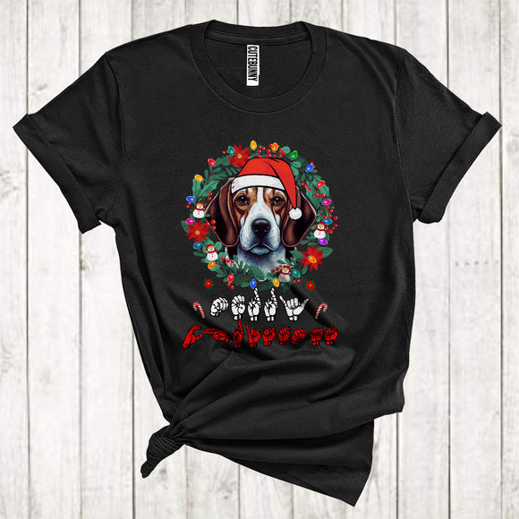 MacnyStore - Santa Beagle With Floral Circle Cool Christmas ASL Hand Sign Language Lover T-Shirt