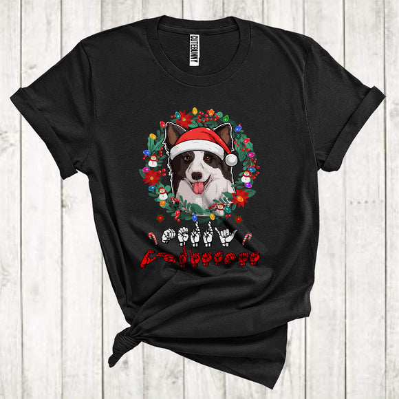 MacnyStore - Santa Border Collie With Floral Circle Cool Christmas ASL Hand Sign Language Lover T-Shirt
