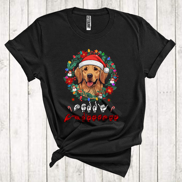 MacnyStore - Santa Golden Retriever With Floral Circle Cool Christmas ASL Hand Sign Language Lover T-Shirt