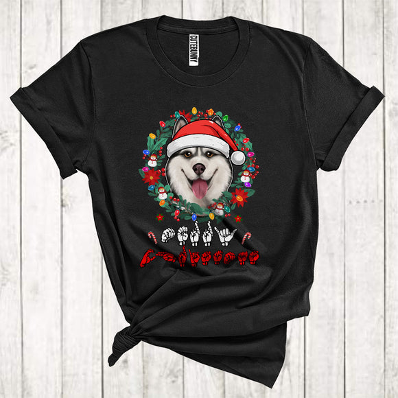 MacnyStore - Santa Husky With Floral Circle Cool Christmas ASL Hand Sign Language Lover T-Shirt
