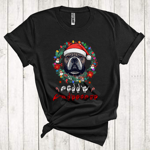MacnyStore - Santa Pit Bull With Floral Circle Cool Christmas ASL Hand Sign Language Lover T-Shirt