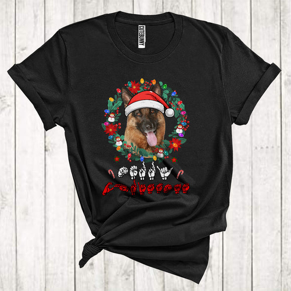 MacnyStore - Santa german Shepherd With Floral Circle Cool Christmas ASL Hand Sign Language Lover T-Shirt