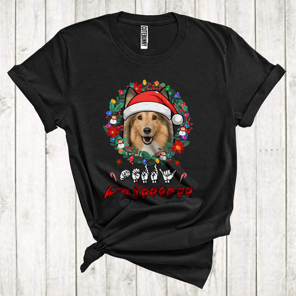 MacnyStore - Santa shetland Sheepdog With Floral Circle Cool Christmas ASL Hand Sign Language Lover T-Shirt