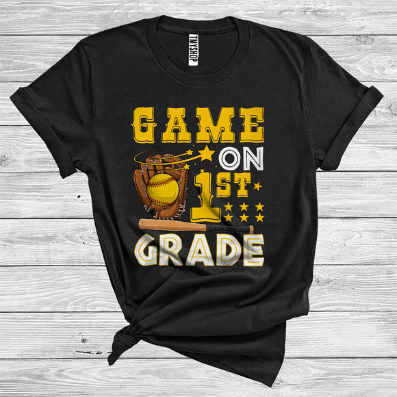MacnyStore - Games On 1st Grade Funny Softball Team First Day Of School Sports Lover Back To School T-Shirt